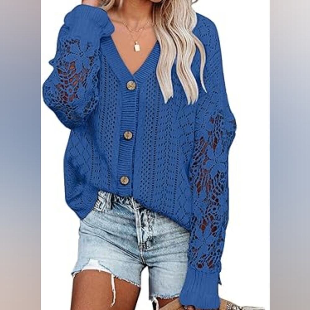 New Blue Crochet Knit Sweater Oversized Button Front Cardigan‎ Size XL